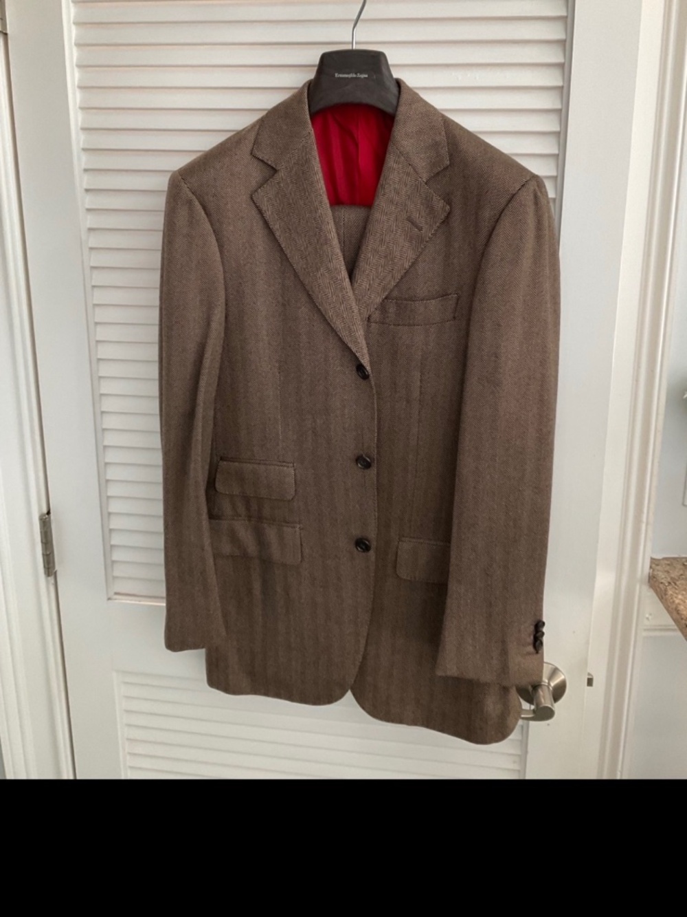 Simone Abbarchi Firenze men’s brown herringbone wool two piece suit, 46/6R